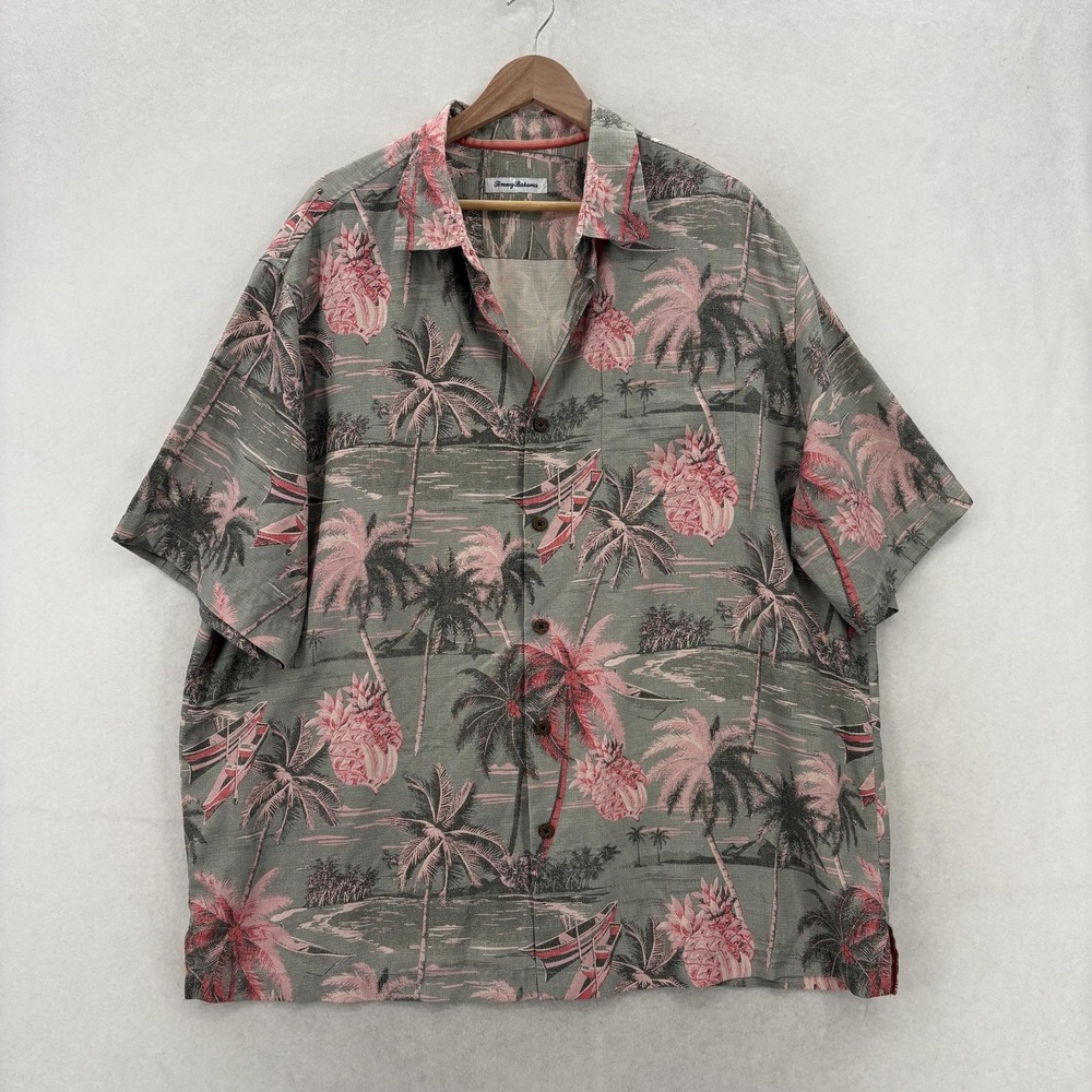 Tommy Bahama Island Zone Shirt Mens XL Gray Palm Tree Silk Hawaiian Beach Camp